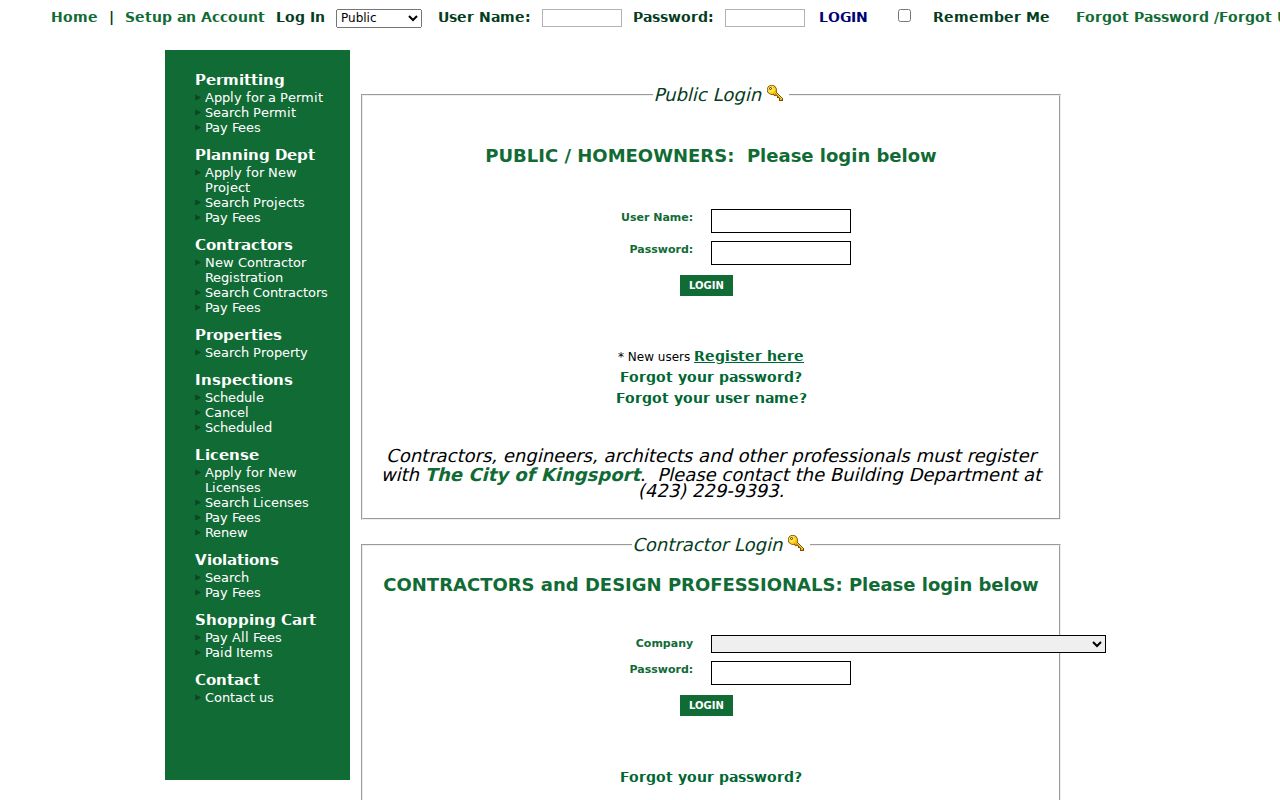 Kingsport street directory permit search in the Kingsport eTRAKiT portal